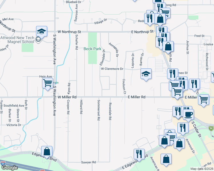 map of restaurants, bars, coffee shops, grocery stores, and more near 6032 Chesapeake Drive in Lansing