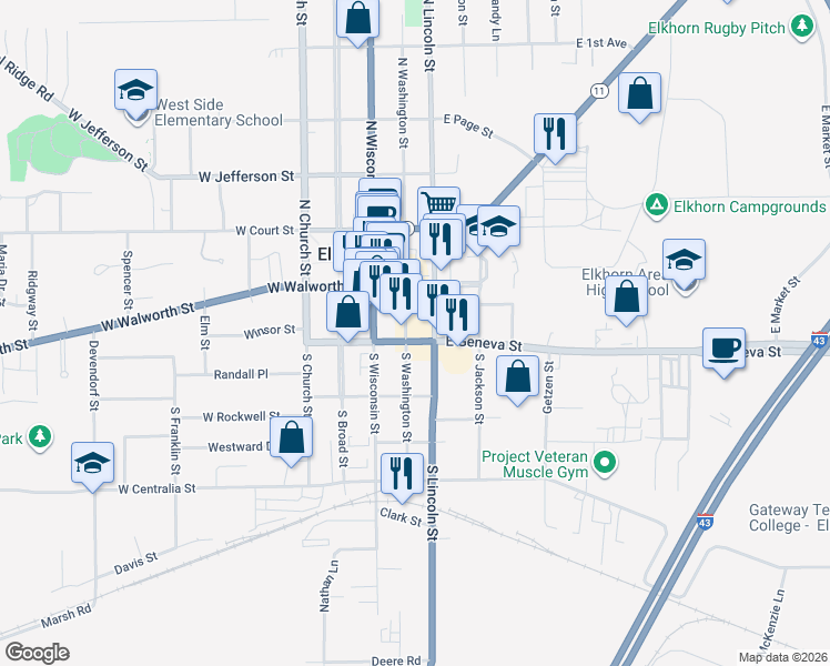 map of restaurants, bars, coffee shops, grocery stores, and more near 190 East Geneva Street in Elkhorn