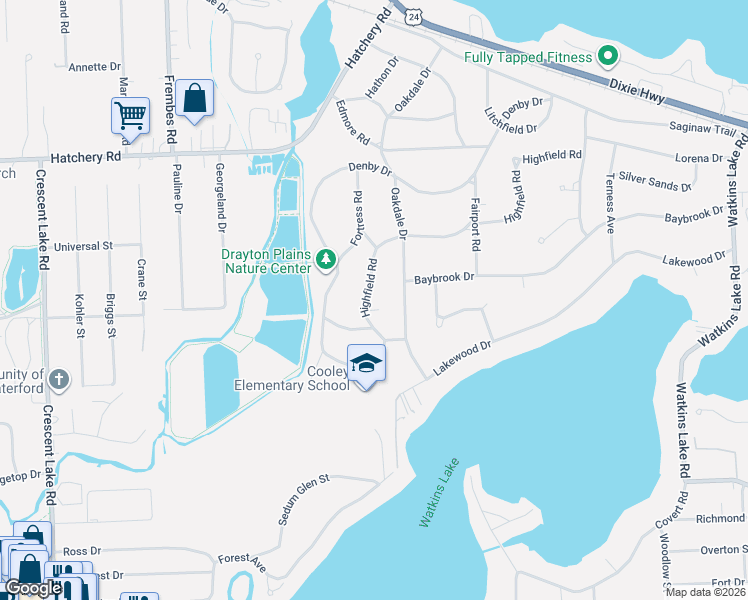 map of restaurants, bars, coffee shops, grocery stores, and more near 2105 Highfield Road in Waterford Township