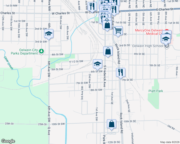 map of restaurants, bars, coffee shops, grocery stores, and more near 198 6th Street Southwest in Oelwein