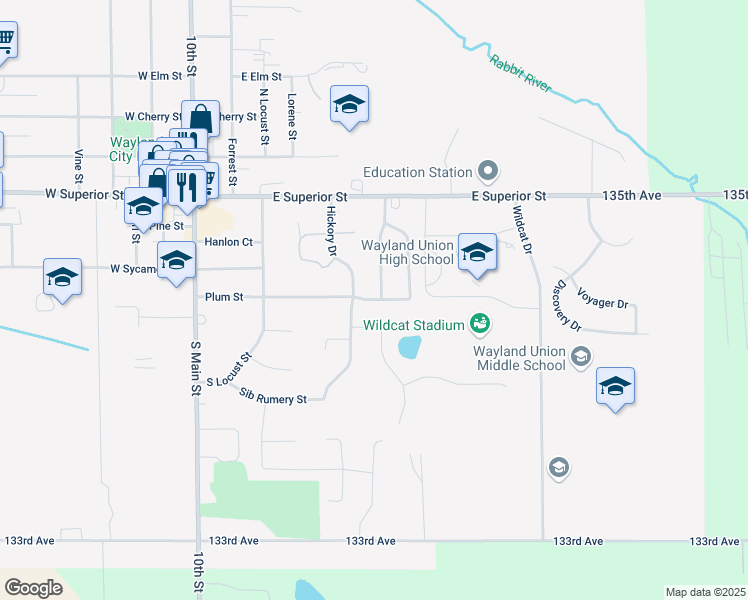 map of restaurants, bars, coffee shops, grocery stores, and more near 524 Plum Street in Wayland
