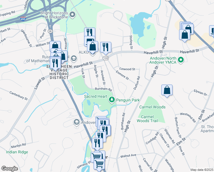 map of restaurants, bars, coffee shops, grocery stores, and more near 1 Arundel Street in Andover