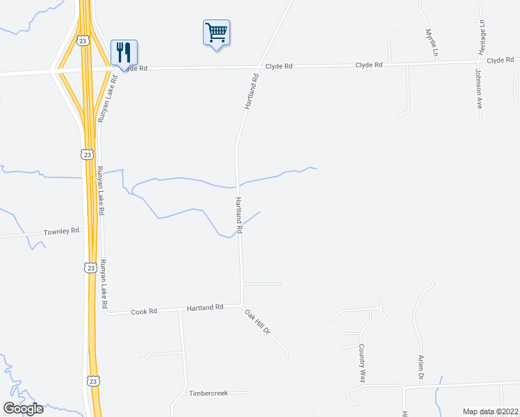 map of restaurants, bars, coffee shops, grocery stores, and more near 4676 Hartland Road in Fenton