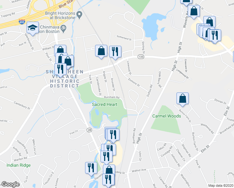 map of restaurants, bars, coffee shops, grocery stores, and more near 1 Arundel Street in Andover