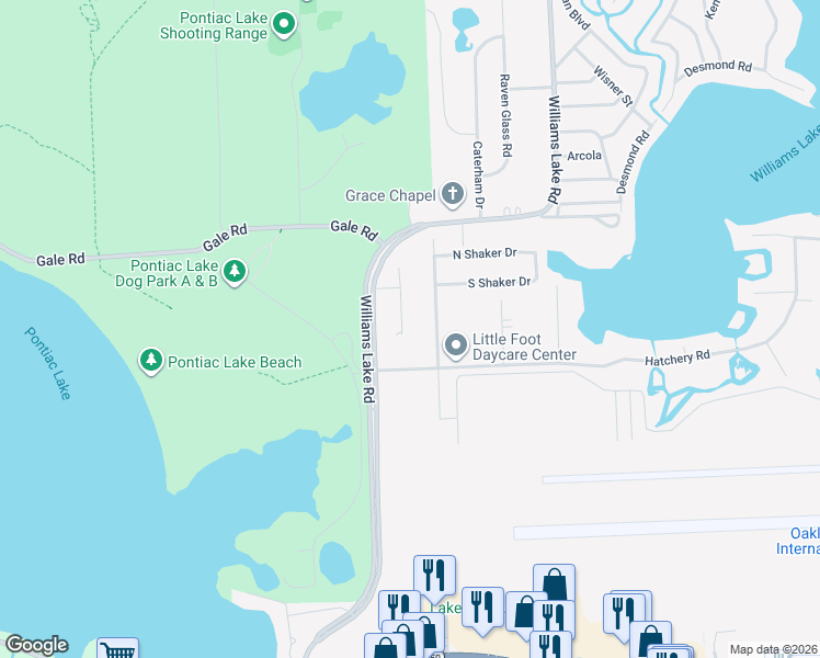 map of restaurants, bars, coffee shops, grocery stores, and more near North Williams Lake Road in Waterford charter Township