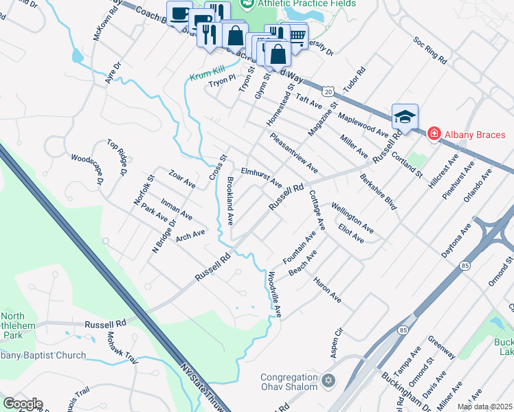 map of restaurants, bars, coffee shops, grocery stores, and more near 16 Moreland Avenue in Albany