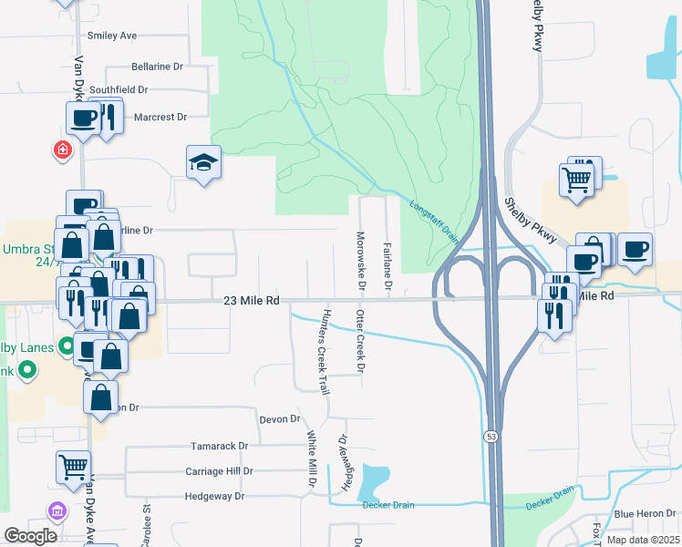map of restaurants, bars, coffee shops, grocery stores, and more near 51054 Nardone Avenue in Macomb County