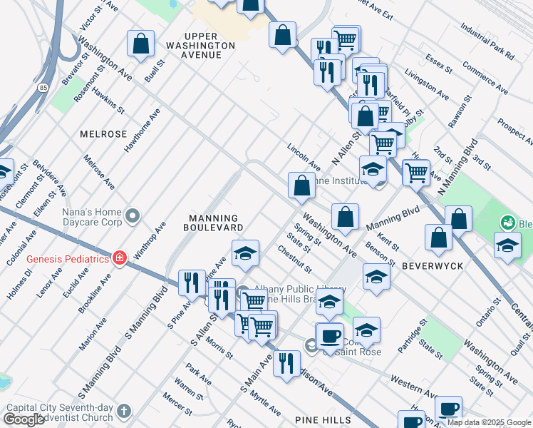 map of restaurants, bars, coffee shops, grocery stores, and more near 123 North Pine Avenue in Albany