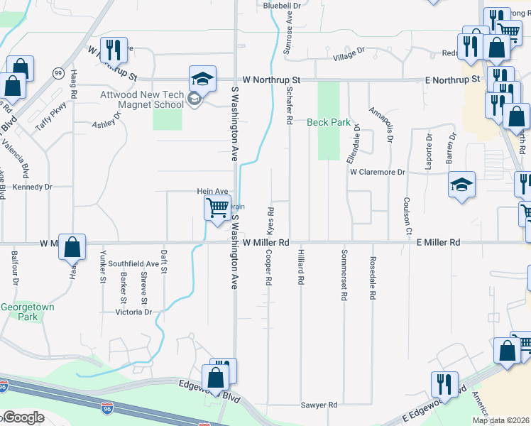 map of restaurants, bars, coffee shops, grocery stores, and more near 6028 Kyes Road in Lansing