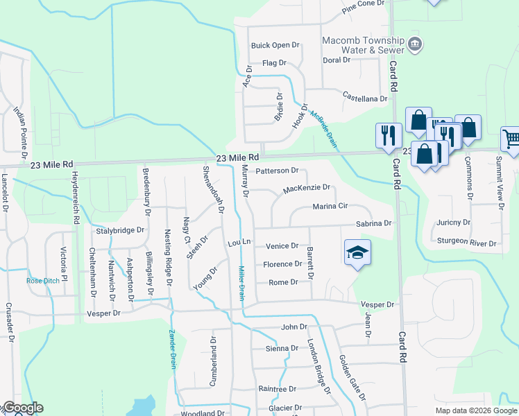 map of restaurants, bars, coffee shops, grocery stores, and more near 50656 Murray Drive in Macomb