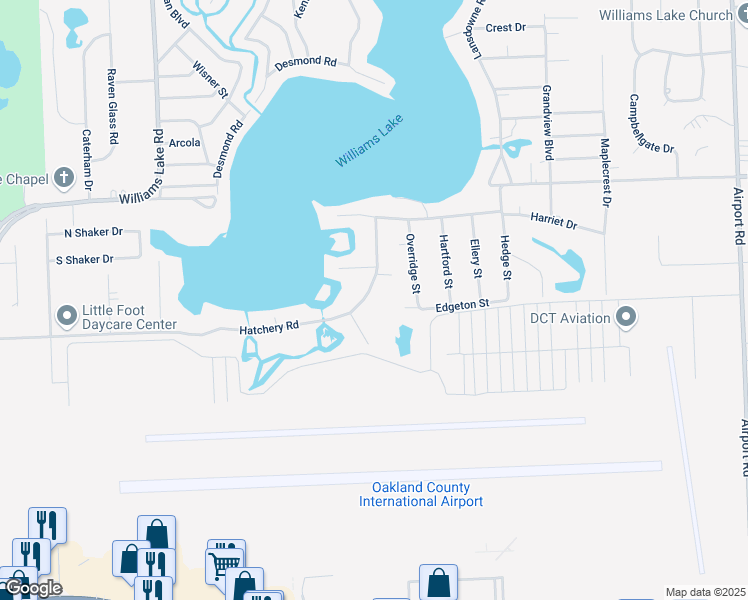 map of restaurants, bars, coffee shops, grocery stores, and more near 6897 Hatchery Road in Oakland County