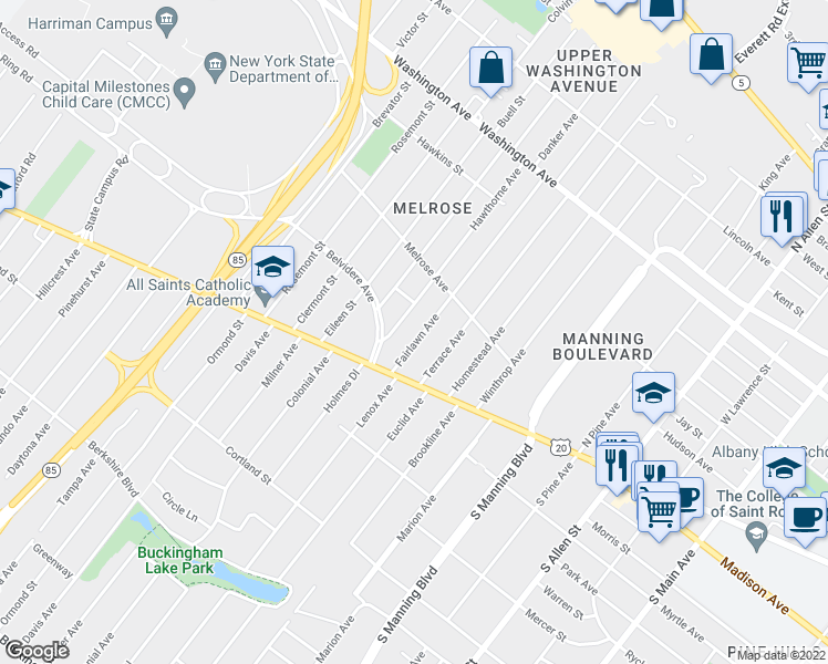 map of restaurants, bars, coffee shops, grocery stores, and more near 18 Fairlawn Avenue in Albany