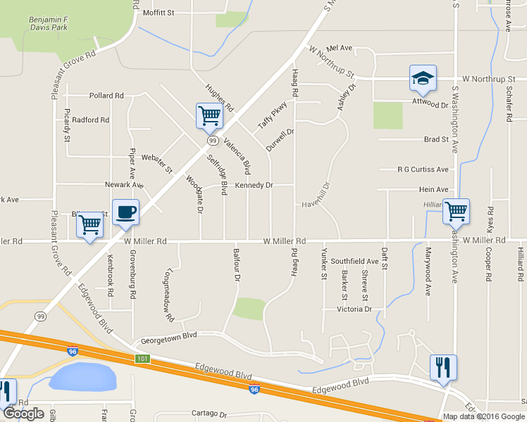map of restaurants, bars, coffee shops, grocery stores, and more near 6036 Hughes Road in Lansing
