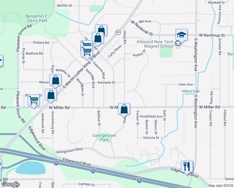 map of restaurants, bars, coffee shops, grocery stores, and more near 6036 Haag Road in Lansing