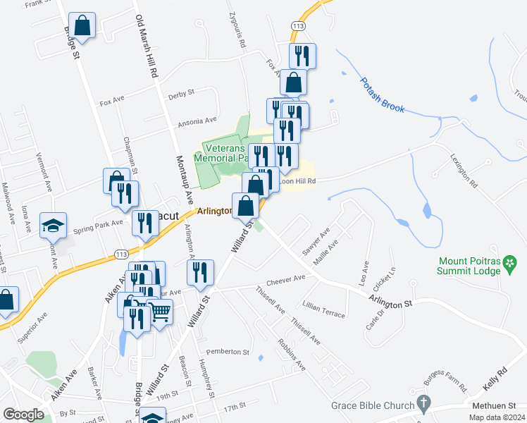 map of restaurants, bars, coffee shops, grocery stores, and more near 7 Broadway Road in Dracut