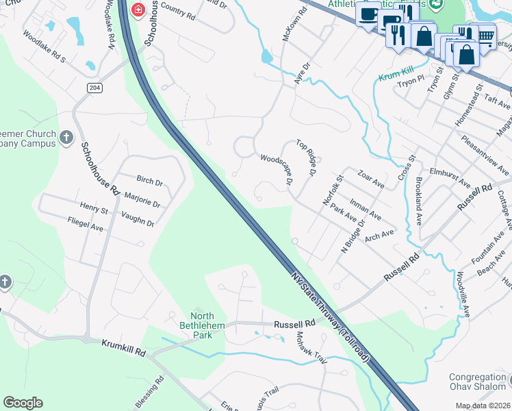 map of restaurants, bars, coffee shops, grocery stores, and more near 552 Townwood Drive in Albany