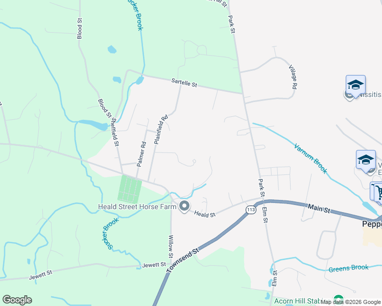 map of restaurants, bars, coffee shops, grocery stores, and more near 14 Birch Drive in Pepperell