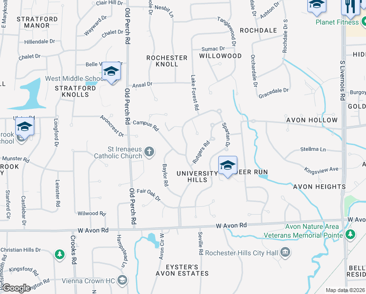 map of restaurants, bars, coffee shops, grocery stores, and more near 704 Lake Forest Road in Rochester Hills