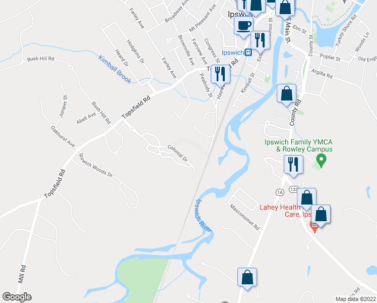map of restaurants, bars, coffee shops, grocery stores, and more near 500 Colonial Drive in Ipswich