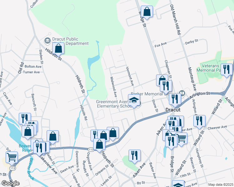 map of restaurants, bars, coffee shops, grocery stores, and more near 52 Malwood Avenue in Dracut