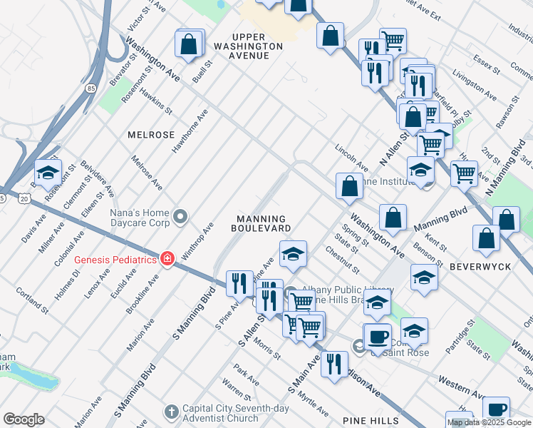 map of restaurants, bars, coffee shops, grocery stores, and more near 101 Manning Boulevard in Albany