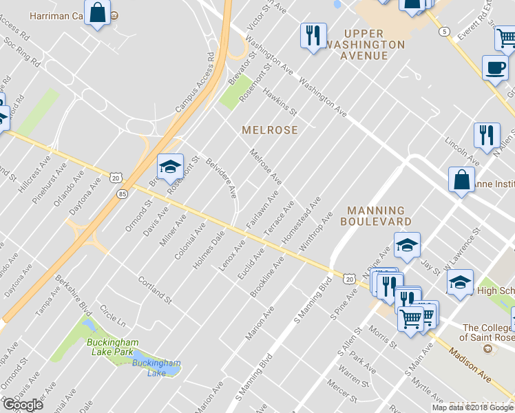 map of restaurants, bars, coffee shops, grocery stores, and more near 18 Fairlawn Avenue in Albany