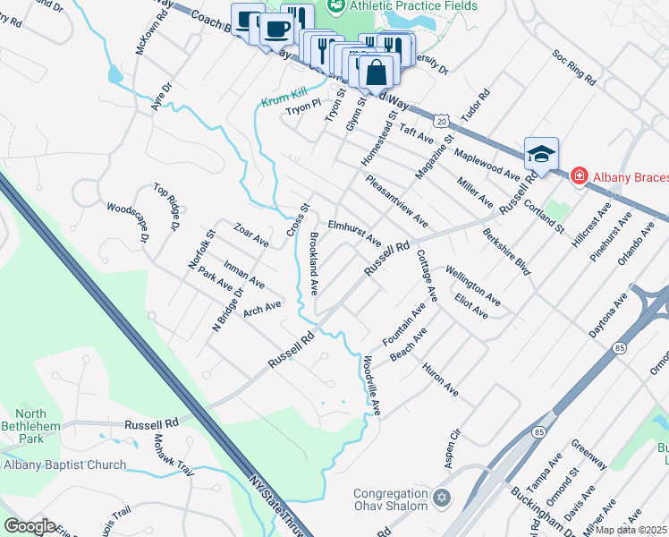 map of restaurants, bars, coffee shops, grocery stores, and more near 16 Moreland Avenue in Albany