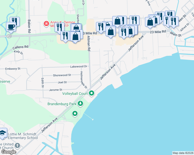 map of restaurants, bars, coffee shops, grocery stores, and more near 50457 Kayla in New Baltimore