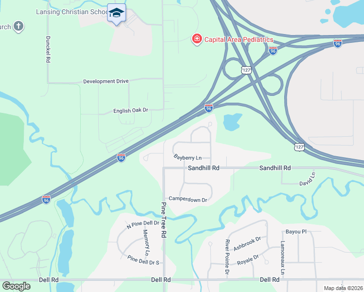 map of restaurants, bars, coffee shops, grocery stores, and more near 3990 Bayberry Lane in Lansing