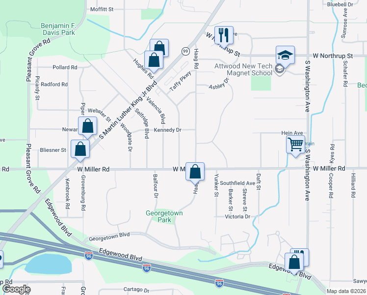 map of restaurants, bars, coffee shops, grocery stores, and more near 6036 Hughes Road in Lansing