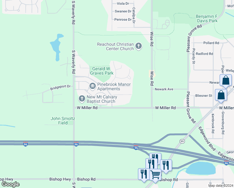 map of restaurants, bars, coffee shops, grocery stores, and more near 3410 Independence Lane in Lansing