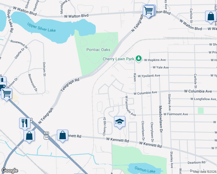 map of restaurants, bars, coffee shops, grocery stores, and more near 51 Starlite Lane in Pontiac