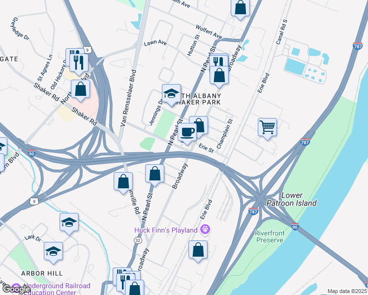 map of restaurants, bars, coffee shops, grocery stores, and more near 2 Walter Street in Albany