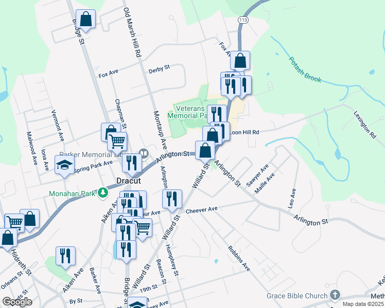 map of restaurants, bars, coffee shops, grocery stores, and more near 127 Arlington Street in Dracut