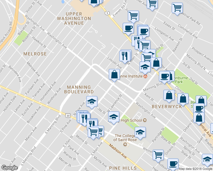 map of restaurants, bars, coffee shops, grocery stores, and more near 126 North Allen Street in Albany