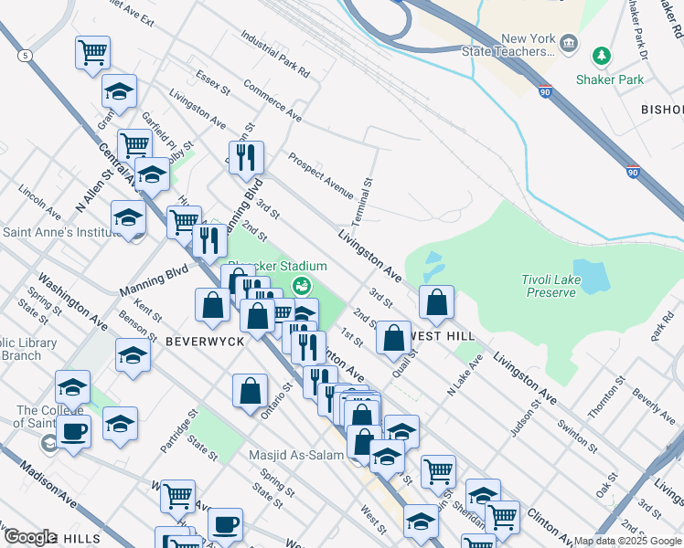 map of restaurants, bars, coffee shops, grocery stores, and more near 524 3rd Street in Albany