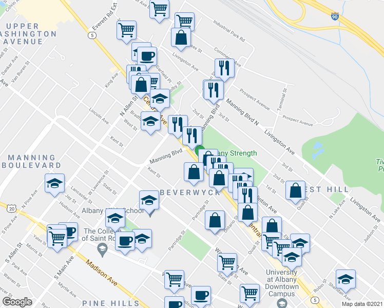 map of restaurants, bars, coffee shops, grocery stores, and more near 547 Central Ave in Albany