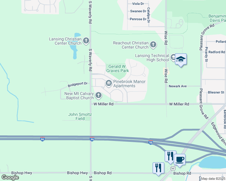 map of restaurants, bars, coffee shops, grocery stores, and more near 3618 West Miller Road in Lansing