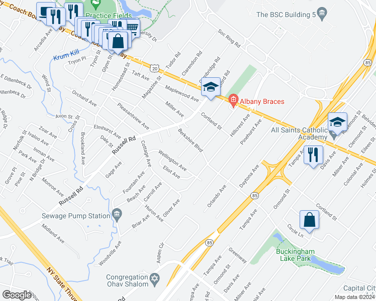 map of restaurants, bars, coffee shops, grocery stores, and more near 46 Adirondack Street in Albany