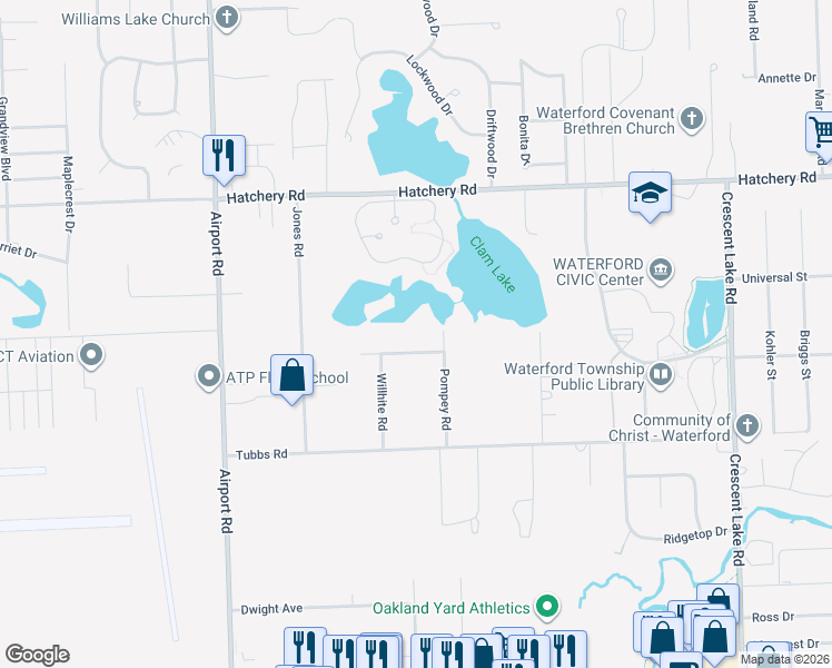 map of restaurants, bars, coffee shops, grocery stores, and more near 5592 Croswell Road in Waterford Township