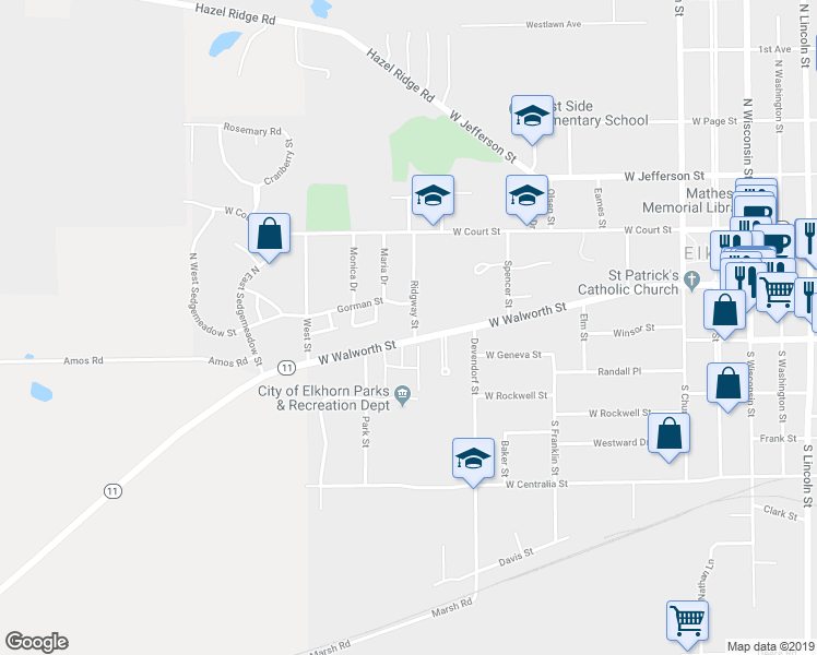 map of restaurants, bars, coffee shops, grocery stores, and more near 702 West Walworth Street in Elkhorn