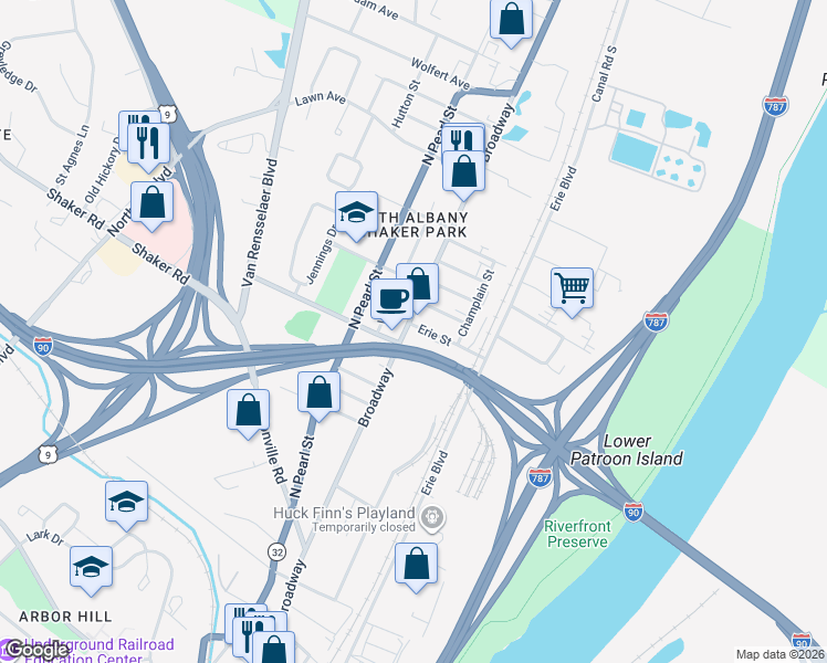map of restaurants, bars, coffee shops, grocery stores, and more near 1201 Broadway in Menands
