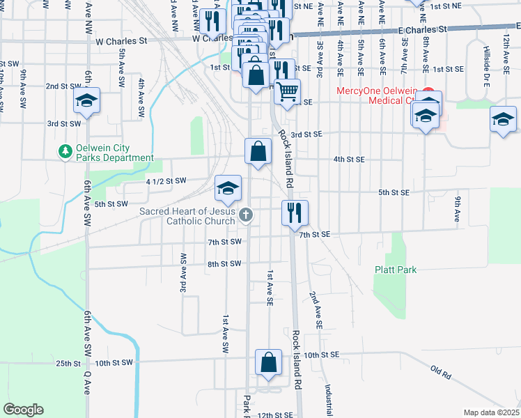 map of restaurants, bars, coffee shops, grocery stores, and more near 52 6th Street Southeast in Oelwein