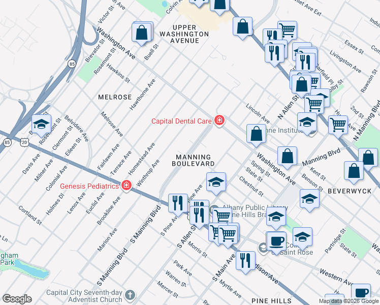map of restaurants, bars, coffee shops, grocery stores, and more near Manning Boulevard & Lancaster Street in Albany