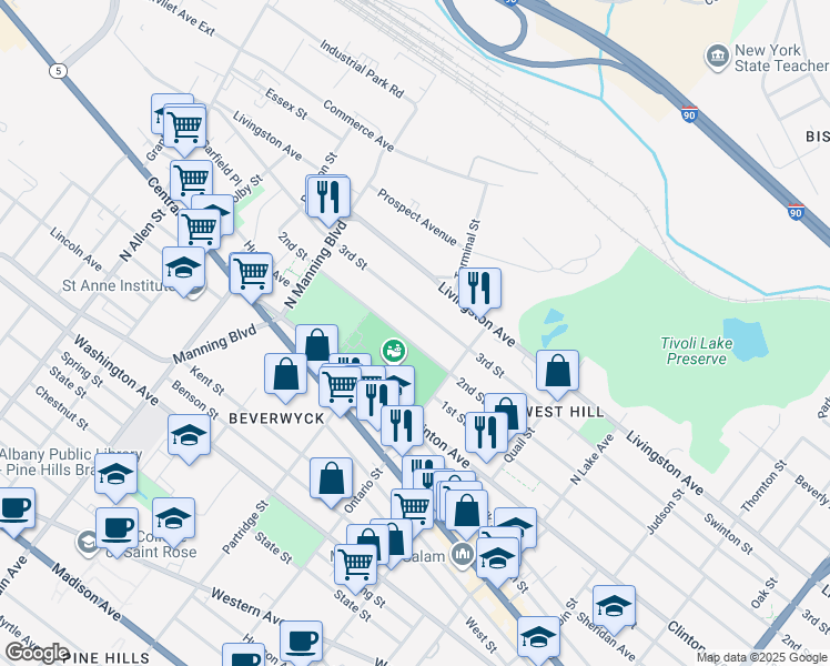 map of restaurants, bars, coffee shops, grocery stores, and more near 575 2nd Street in Albany