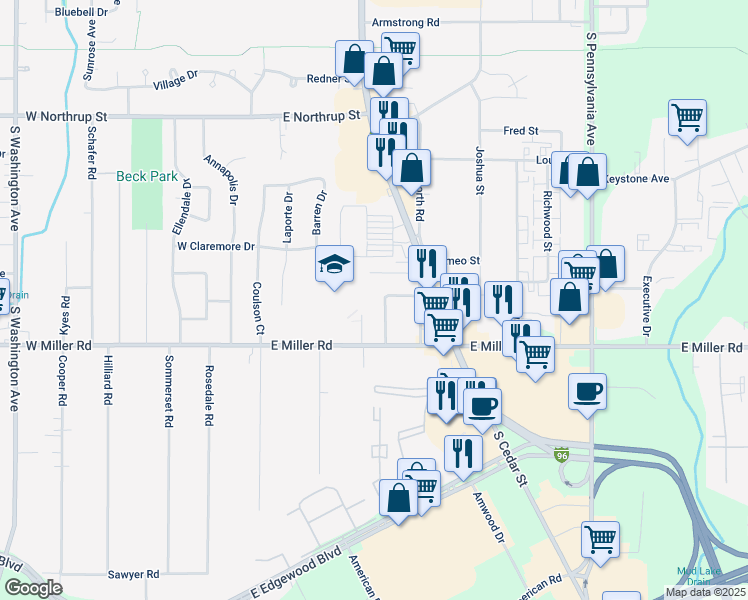 map of restaurants, bars, coffee shops, grocery stores, and more near 333 East Miller Road in Lansing