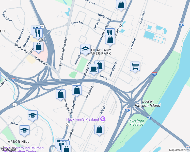 map of restaurants, bars, coffee shops, grocery stores, and more near 2 Walter Street in Albany