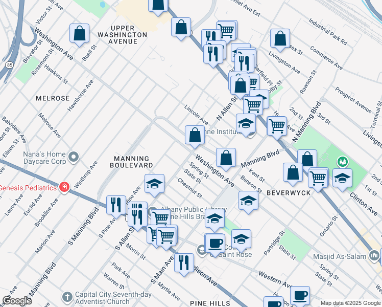 map of restaurants, bars, coffee shops, grocery stores, and more near 126 North Allen Street in Albany