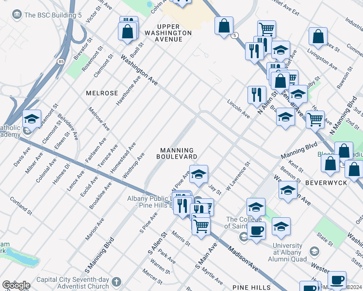 map of restaurants, bars, coffee shops, grocery stores, and more near 101 Manning Boulevard in Albany