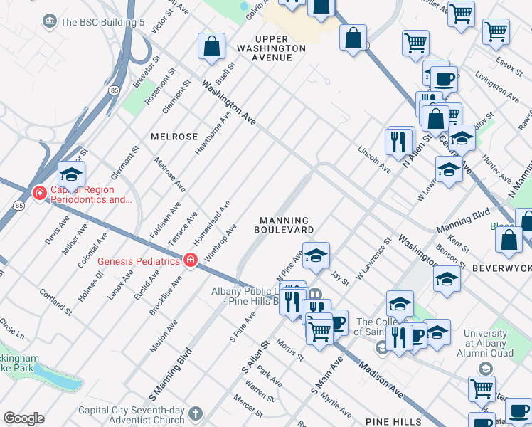 map of restaurants, bars, coffee shops, grocery stores, and more near 84 Manning Boulevard in Albany